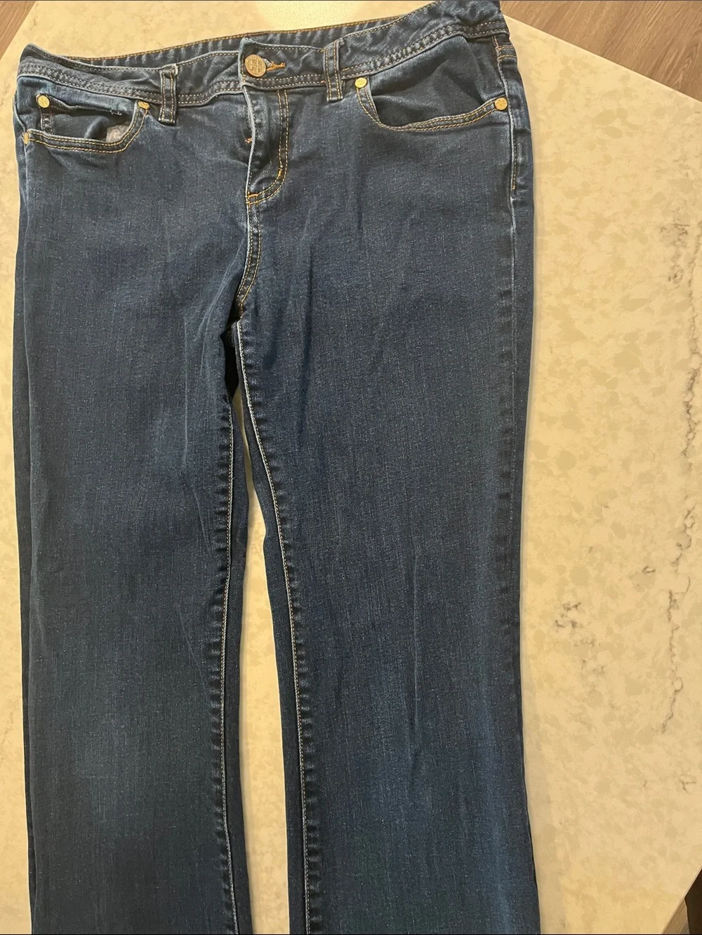 Tory Burch Dark Blue Flare Jeans with Gold Hardware